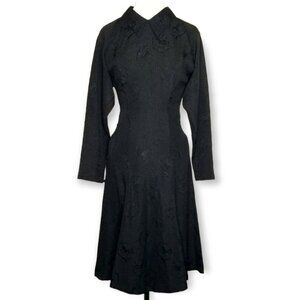 Vintage 80s Ann Taylor Black Textured Long Sleeve Midi Dress With Pointed Collar